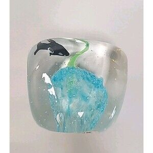 Underwater Scene Paperweight Blue & Clear Glass Rectangular Block Fish Reef